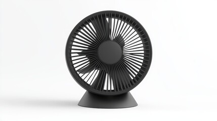 A black electric fan with a simple design on a white isolated background