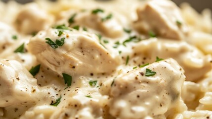 Close-up of rice with creamy chicken alfredo. Featuring chicken in alfredo sauce with Parmesan cheese and herbs, served over rice. Emphasizing a rich, flavorful dish. Ideal for alfredo recipes.