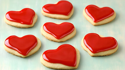 Obraz premium Heart-shaped cookies decorated with red icing, arranged on a pastel surface