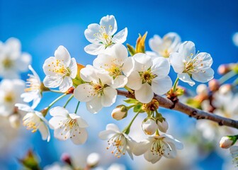 Obraz premium Macro White Cherry Blossoms on Branch, Isolated Blue Sky - Spring Floral Stock Photo