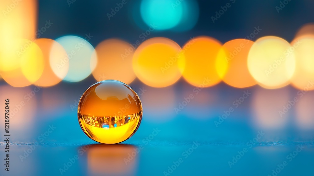 Aufkleber a golden orb rests on a smooth surface, reflecting colorful bokeh lights in the background, creating