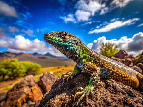 Madeira Wall Lizard Panoramic - Teira dugesii basking in sun on volcanic rock