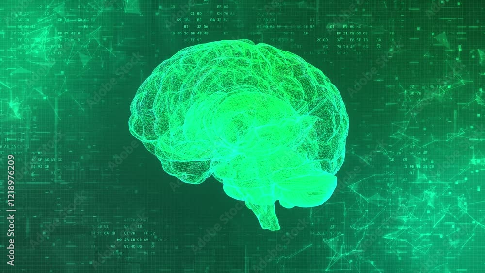 Aufkleber 3d brain ai neural network: glowing geometric motion with neon green intelligence & deep learning da