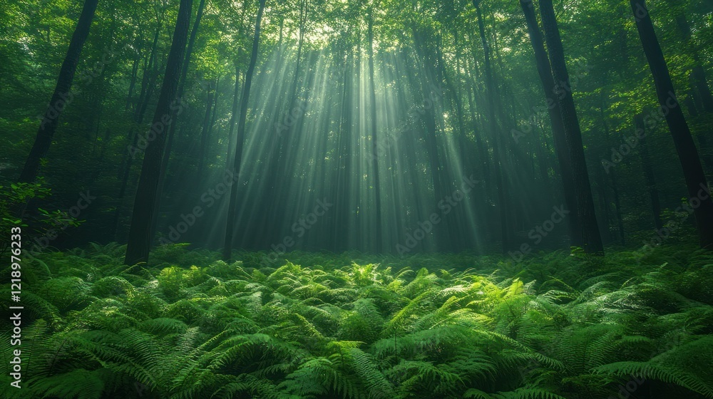 Poster sunlight filtering through forest canopy with ferns