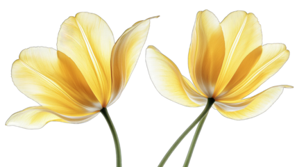 Two yellow tulips on black background, close-up for spring design
