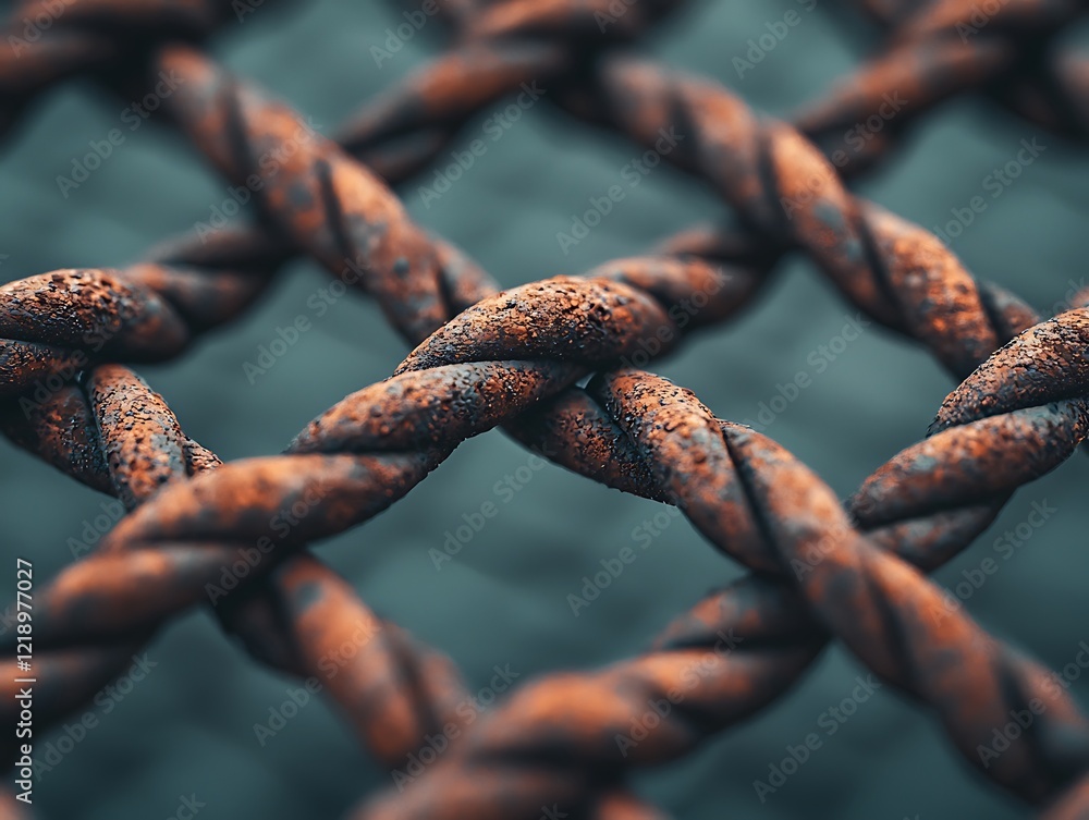 Poster a close-up view of intertwined rusty metal wires, showcasing texture, color variations, and a unique