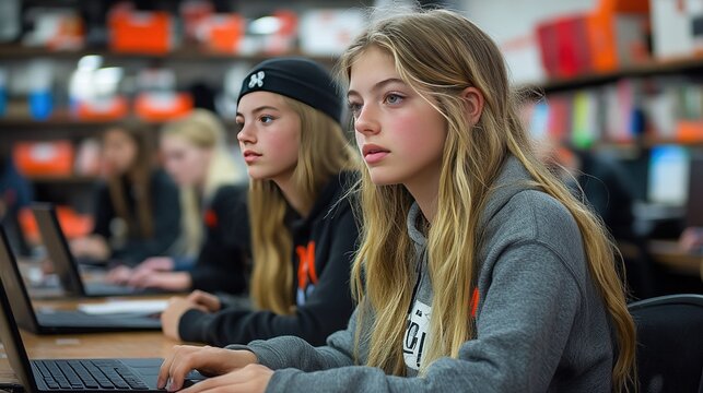Teens using laptops in classroom with storage background, coding class