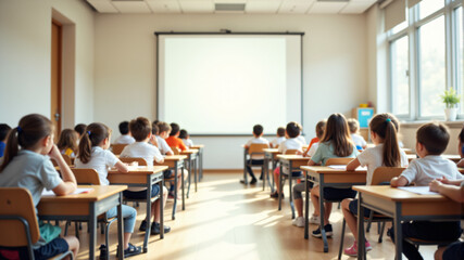 A bright classroom filled with attentive students sitting at desks, eagerly learning together.