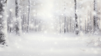 Winter New Year landscape featuring a snowy forest with snow haze, ideal for holiday postcards