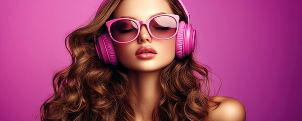 Fashionable woman with pink headphones and sunglasses	
