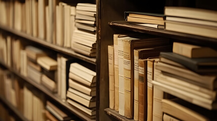 Obraz premium Closeup of antique books on wooden shelves, showcasing vintage spines and aged paper. Perfect for concepts of history, knowledge, education, libraries, or classic literature.