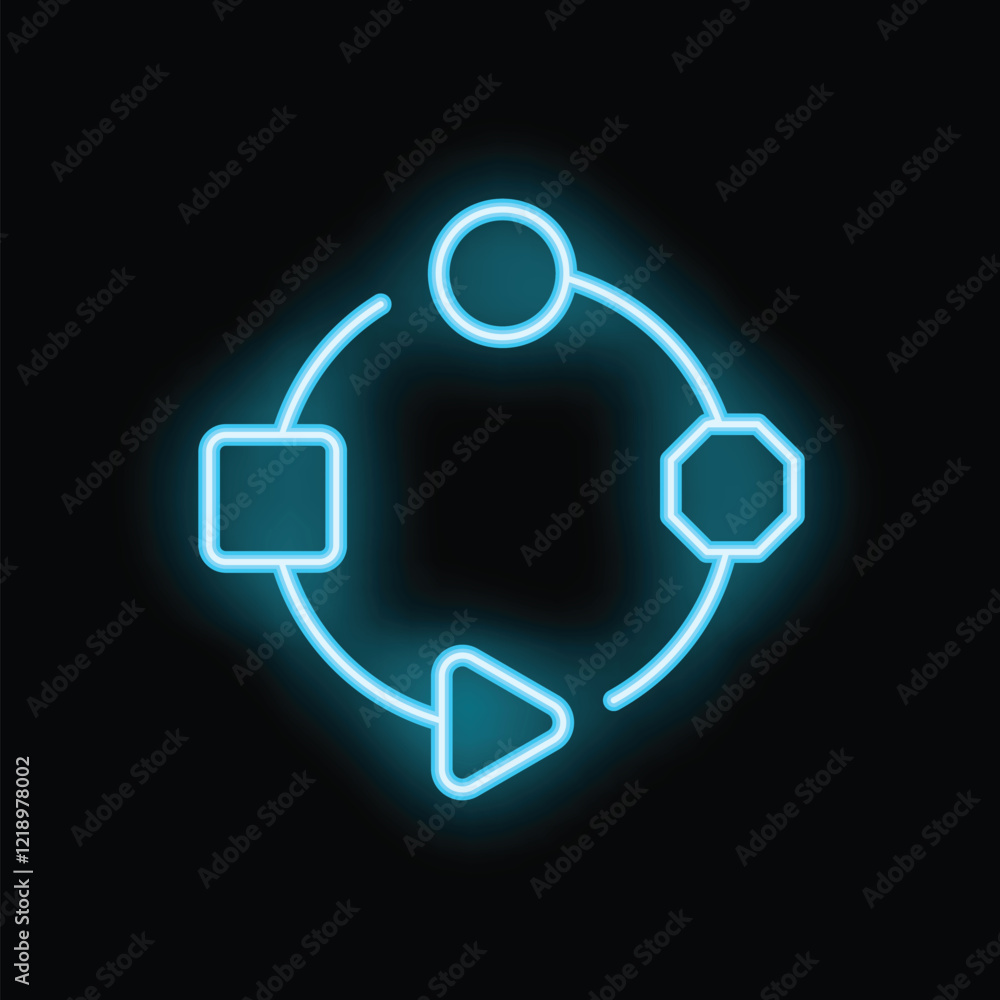 Poster neon blue circular flowchart is glowing with geometric shapes, representing a continuous process