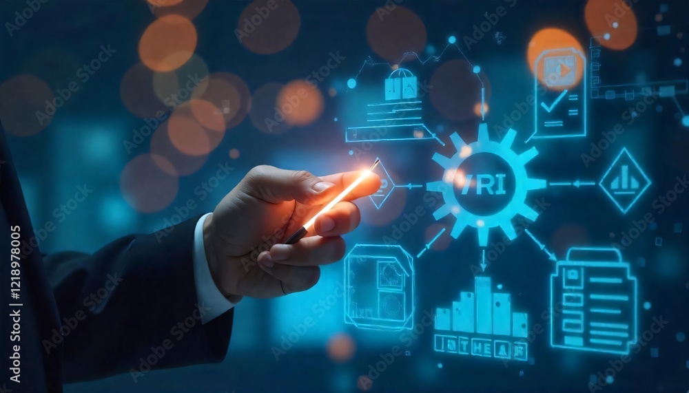 Poster businessman interacting with futuristic holographic interface showing data analysis and kpi metrics