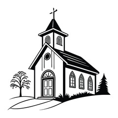 A stylized, black and white vector illustration of a charming church perched atop a grassy hill