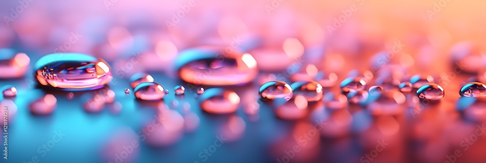 Poster a vibrant close-up image of colorful water droplets reflecting light on a smooth surface, creating a
