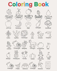 A fun and creative coloring page featuring a mix of fresh vegetables, vibrant fruits, and playful abstract shapes.vector illustration  