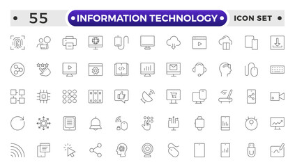 Information technology outline icons set. Set of technology icons. Industry concept factory of the future. Network, web design, website, computer, software, progress, programming, data, internet