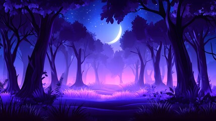 Obraz premium Enchanted Purple Forest Night Scene Crescent Moon Mystical Trees