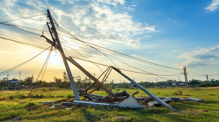 Fototapeta premium Storm damage to power lines disrupts electricity supply, highlighting the vulnerability of infrastructure during extreme weather conditions and the importance of resilience in modern society.