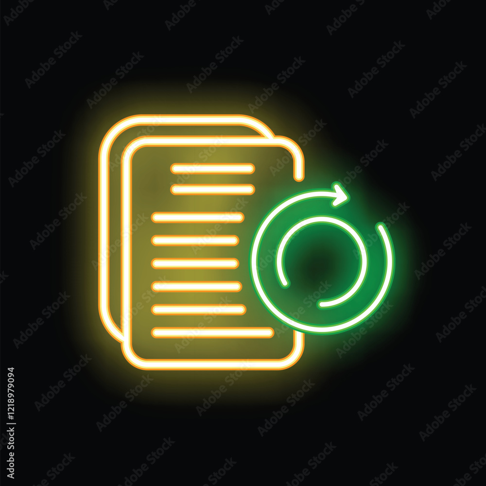 Poster neon icon of a document management system updating with a green refresh arrow