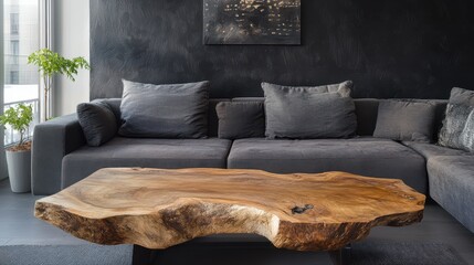 A Modern Living Room With A Gray Sectional Sofa, A Unique Wooden Coffee Table, And A Dark Wall. The Atmosphere Is Calm And Sophisticated.