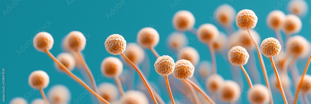 Poster a close-up view of delicate, spherical structures resembling pollen grains, set against a soft blue 