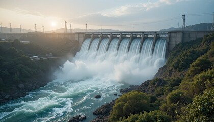 Hydropower technology creating clean electricity through the use of water flow in dams, rivers, and ocean tides for sustainable energy generation
