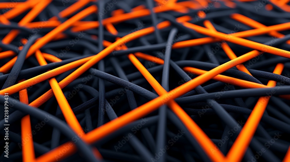 Poster a close-up view of intertwined black and orange cables, creating an abstract pattern with a striking