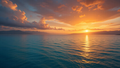 Obraz premium Stunning Sunset over a Calm Ocean with Dramatic Clouds