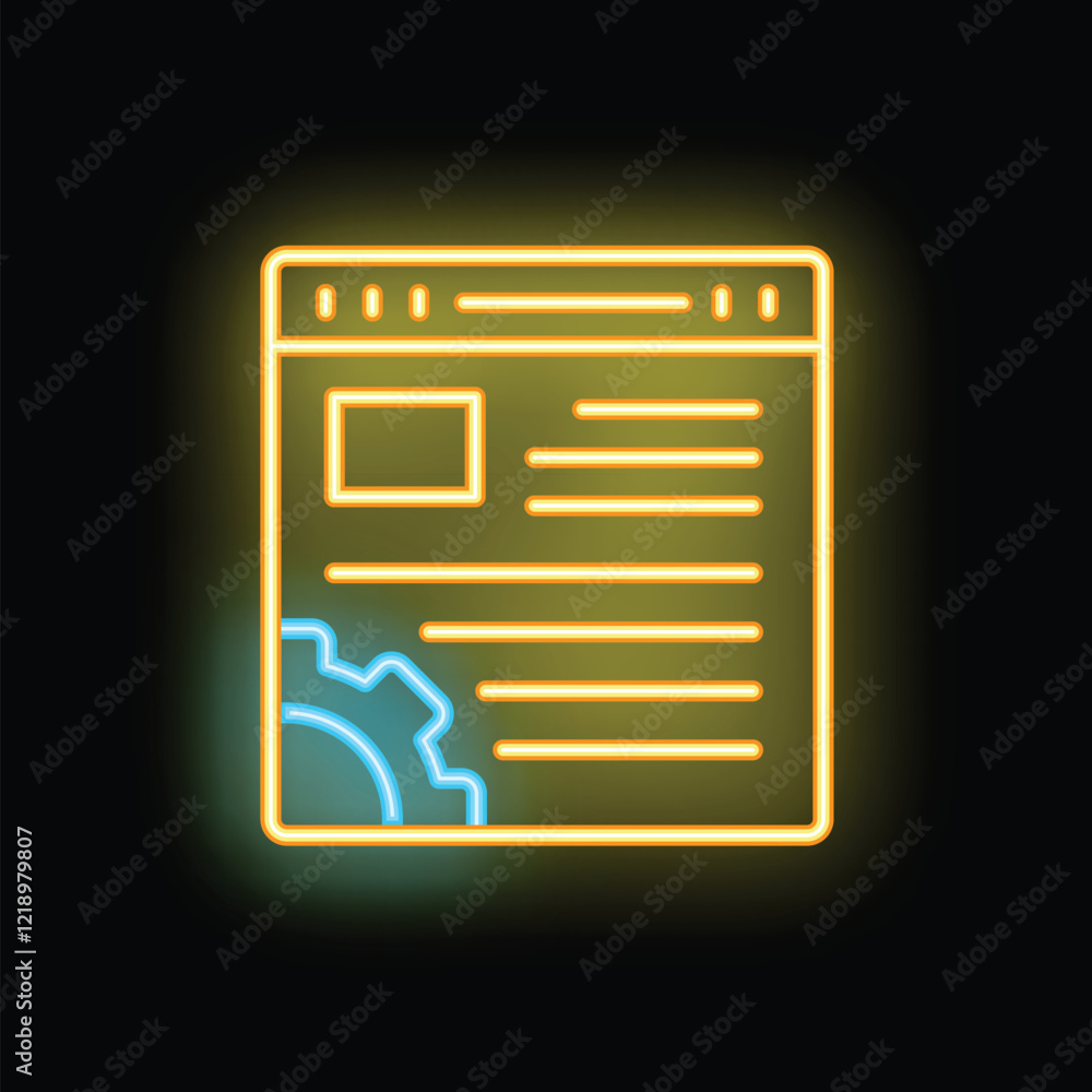 Aufkleber bright neon icon of web design and development process with website and gear
