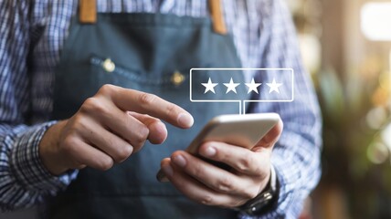 Person using smartphone to give five star rating online review feedback customer satisfaction