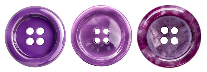A close-up of three purple buttons with four holes each, showcasing different designs and textures. PNG, on transparent background.
