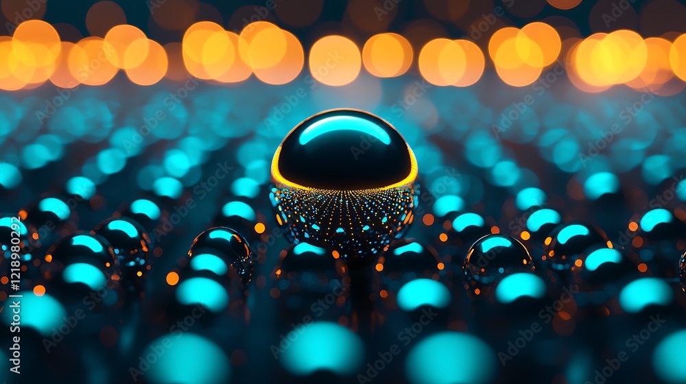 Poster a close-up view of a reflective sphere surrounded by smaller spheres, set against a colorful, illumi