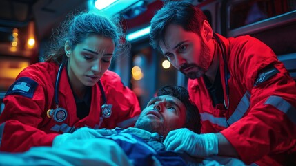 Fototapeta premium Medical personnel work diligently on an injured man in an ambulance, utilizing equipment and providing care in the low light of night. created by ai
