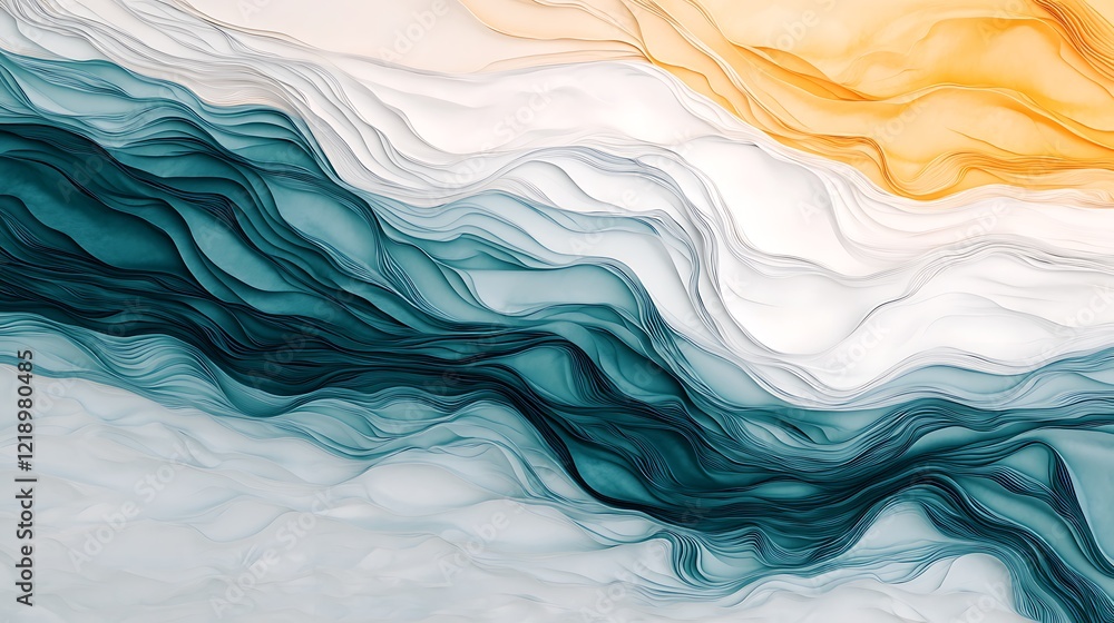 Poster a flowing abstract design featuring soft waves of teal, white, and orange colors, creating a serene 