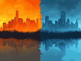 Fototapeta premium Contrasting urban landscapes a dual cityscape reflection artistic digital art vibrant colors surreal environment