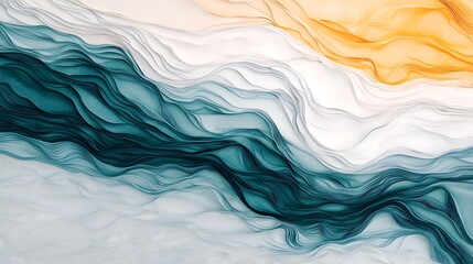 A flowing abstract design featuring soft waves of teal, white, and orange colors, creating a serene and artistic visual composition.