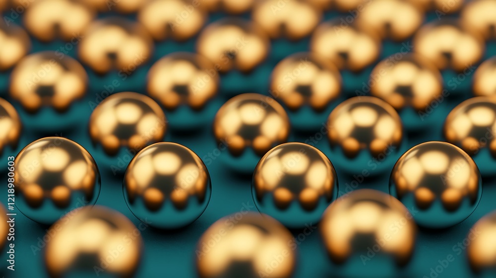 Poster a close-up view of numerous shiny golden spheres arranged on a turquoise surface, creating an intrig