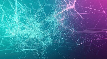 A minimalistic, futuristic backdrop features a soft gradient of violet and teal tones, with geometric shapes and glowing lines cutting through the air, creating a sense of space and movement