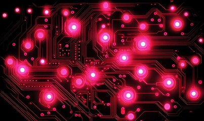 Close-up of Futuristic Circuit Board Glowing with Pink and Red LED Lights Depicting Advanced Technology and Innovation in a Night Setting for Business and Modern Digital Solutions, Generative AI