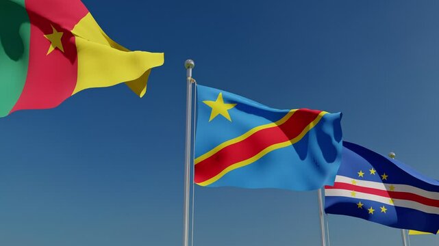 Waving flags countries of African Continent.
Set of flags fluttering in the wind against blue sky background.