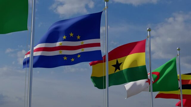 African Continent countries flags. Many different flags against the sky. Waving flags countries of African Continent.