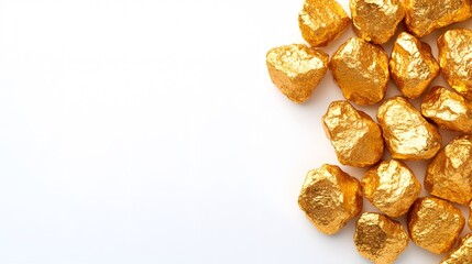 Obraz premium Golden nuggets displayed against pristine white background showcase metallic brilliance and natural rough texture, highlighting luxury and precious mineral qualities in minimalist studio setting.