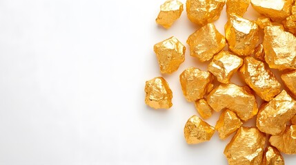 Golden nuggets displayed against pristine white background showcase metallic brilliance and natural rough texture, highlighting luxury and precious mineral qualities in minimalist studio setting.