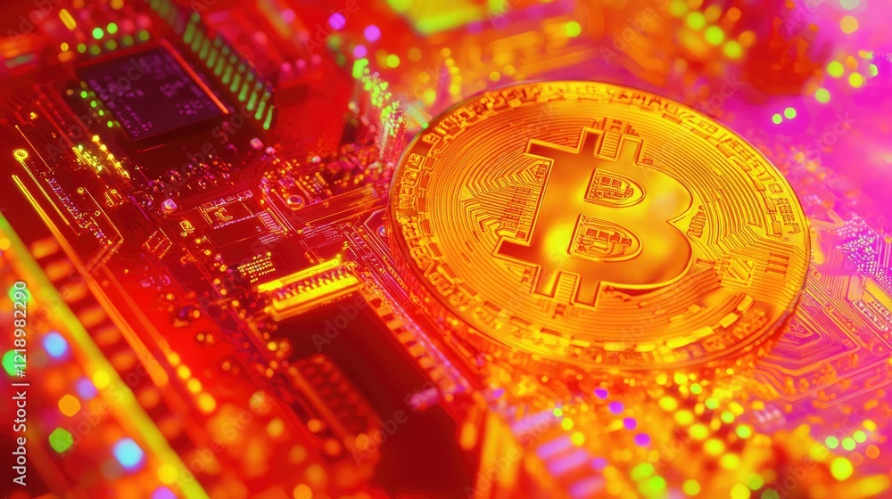 Aufkleber a close-up of a bitcoin coin resting on a futuristic digital circuit background.