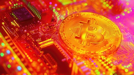 A close-up of a Bitcoin coin resting on a futuristic digital circuit background.