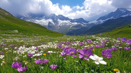 Fototapeta premium Alpine meadow wildflowers, mountains backdrop, summer day, travel poster