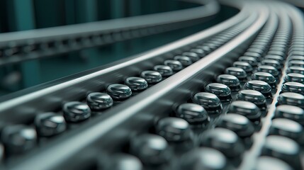 A close-up view of a modern conveyor belt featuring shiny, metallic spheres, showcasing an industrial setting with a sense of motion and technology.