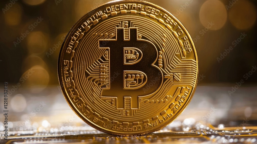 Aufkleber a close-up of a bitcoin coin resting on a futuristic digital circuit background.