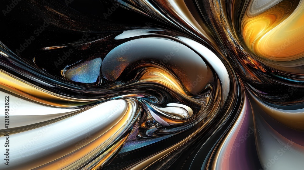Poster swirling abstract design with black, gold, and silver tones creating a dynamic, fluid pattern remini